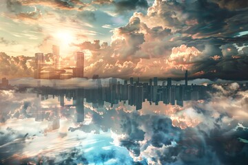 Surreal cityscape mirrored in the sky with dramatic clouds offers a sense of dreaming and escape