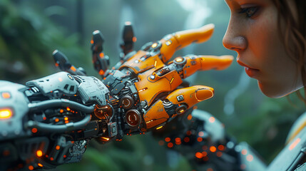 Technology improvement concept with 3d rendering robot move forward through future