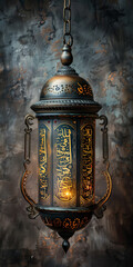 Ramadan lantern with golden Islamic inscriptions with a hollow background