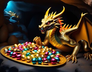 a dragon near a pile of colored eggs in a cave