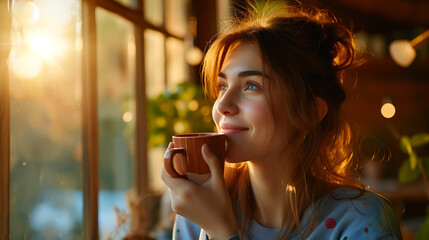 Aconchego matinal Mulher apreciando a tranquilidade em sua cozinha tomando café e observando o nascer do sol pela janela - obrazy, fototapety, plakaty