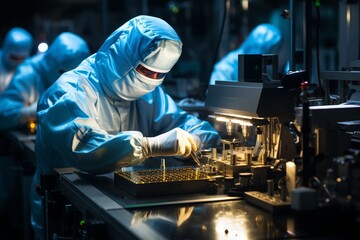 Scientist in protective suit conducting experiments in bright, state-of-the-art laboratory setting