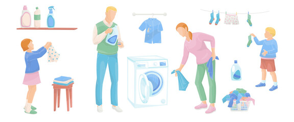 Happy parents with children Washing clothing. laundry day Family working together at home	
