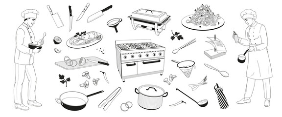 smiling chefs preparing food and a set of elements about cooking in a restaurant, pot, frying pan, colander, vegetables, knives, gas stove	