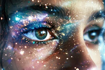 A close-up of a person's eyes merged with the texture of swirling galaxy stars in a double exposure