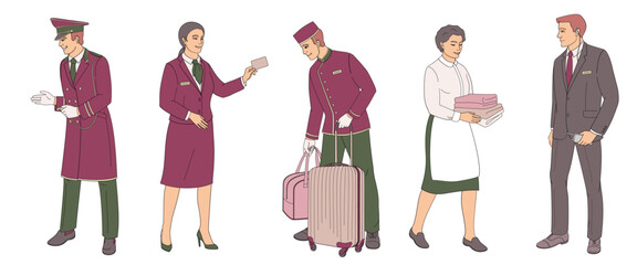 hotel staff  male and female characters part 1, doorman, concierge, porter, maid, security 