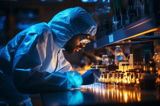 Scientist in protective suit carrying out experiments in bright high-tech laboratory setting