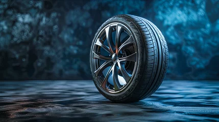 Fotobehang tires on a car, tire fitting concept, dark blue background © Kateryna Kordubailo