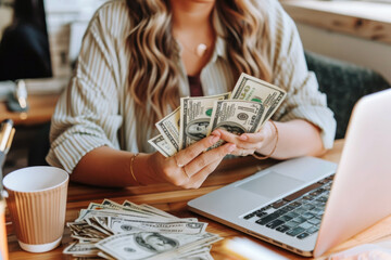 Woman counting money bills in front of laptop