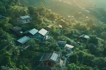 An aerial view capturing the beauty of solar-powered houses nestled in a scenic landscape.