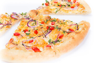 Pizza slice isolated on white background, with onions, bacon and cherry tomatoes, thin pastry...
