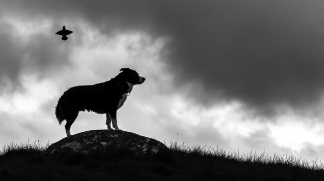 a black and white photo of a dog standing on top of a hill with a kite flying in the sky.