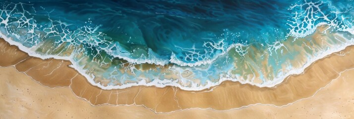 Sandy Beach Waves Texture - Overhead shot captures the dynamic interaction between the ocean's gentle waves and the soft sandy beach, illustrating nature's artistry - obrazy, fototapety, plakaty