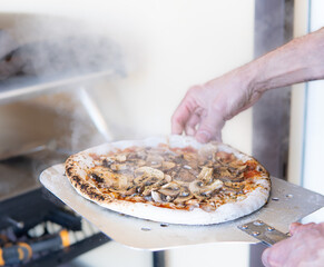 pulling a homemade pizza out of a gas oven with a smoking hot chef's paddle delicious.
