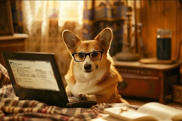 Cute corgi in glasses sitting and working with laptop