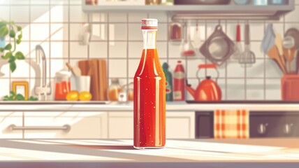 sleek glass bottle of ketchup or Red Sauce standing on a modern, well-lit kitchen counter