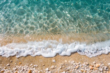 Fototapeta premium Coastal Creativity Splash - Artistic beach setup with painted waves, shells, and starfish, offering a crafted marine tableau.