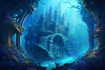 Fantasy Underwater Castle Illusion - A stunning illustration of an ethereal underwater castle, shrouded in the blue hue of the ocean’s depth, invokes a sense of mystical aquatic adventure.