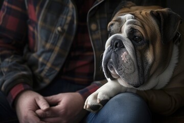 a man is sitting on a couch with a bulldog on his lap