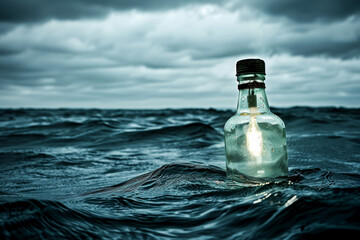 A lone glass bottle with a cork afloat on the wavy surface of the ocean depicts solitude and the concept of a message in a bottle