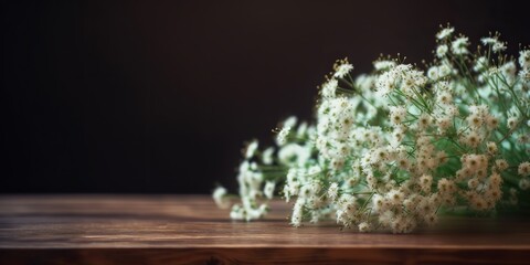 Small white flowers gypsophila on wood table scene. Decorative romantic elegance mock up background