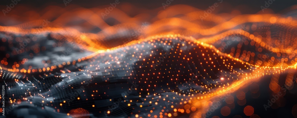 Poster close up of encrypted data streaming through a 5g network visualized as glowing secure codes traveli
