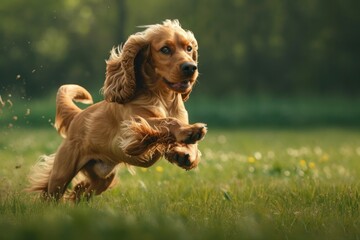 A Spaniel dog is sprinting through a grassy field