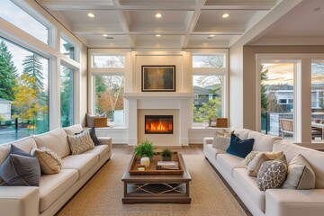 Beautiful living room interior with hardwood floors and fireplace in new luxury home, vertical orientation - obrazy, fototapety, plakaty