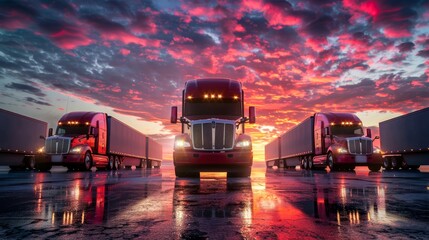 Two imposing semi trucks stand at the forefront of a convoy, gleaming under a breathtaking sunset sky, reflecting power and commerce - obrazy, fototapety, plakaty