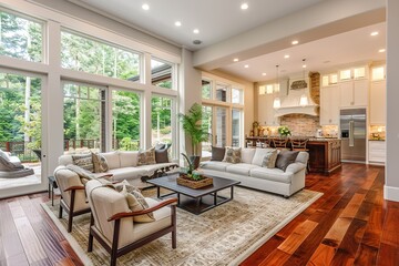 Beautiful living room interior with hardwood floors and view of kitchen in new luxury home