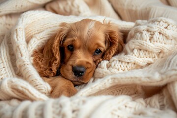 A fawn cocker spaniel puppy is cuddled in a liver blanket for comfort