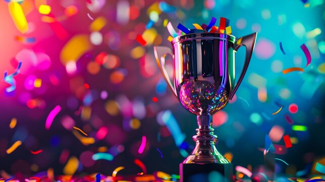 A shining trophy cup with colorful confetti signifies an accomplishment or celebration, set against a vivid backdrop