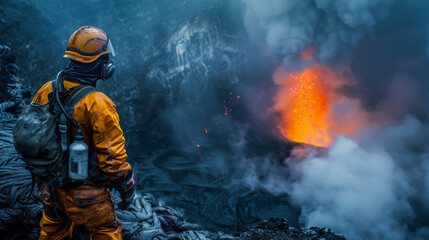 volcanologist on lava volcano