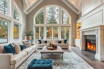 Beautiful living room in new traditional style luxury home. Features vaulted ceilings, fireplace with roaring fire, and elegant furnishings.