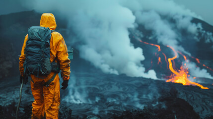 Obraz premium volcanologist on lava volcano