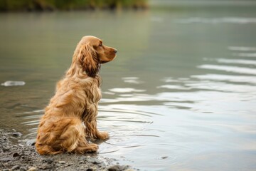 A carnivorous cocker spaniel is sitting by the lake, gazing at the water