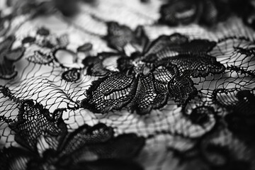 A close-up of a black lace with intricate floral designs and textures. - obrazy, fototapety, plakaty