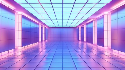 Neon Lit Virtual Corridor - Vibrant neon lights line a futuristic corridor, embodying the essence of virtual space and cyberpunk aesthetics
