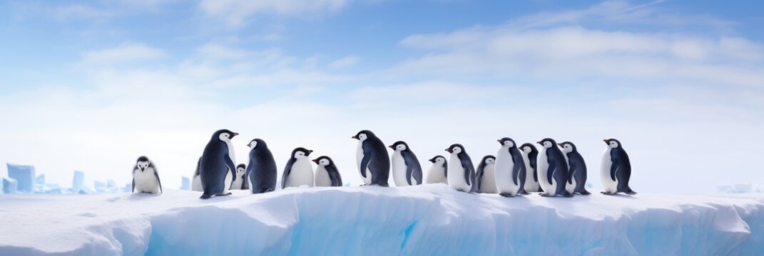 Penguin Procession on Ice - A majestic line of penguins parading along the ice edge, with the Antarctic horizon stretching behind them. This stunning photo captures the essence of life in the polar re