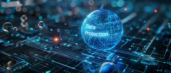 a high-tech banner design where the text Data Protection  is rendered within a holographic sphere. representing the protective barrier of data security. 
