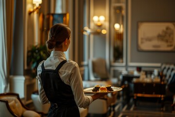 Fototapeta na wymiar A female waitress serving a luxurious dessert in an exclusive restaurant setting, showcasing hospitality