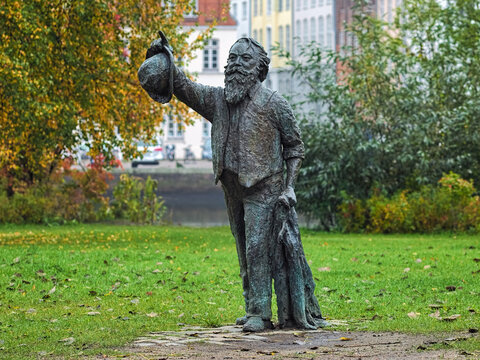 Johannes Brahms statue in Lubeck, Germany. The statue by Claus Goertz was erected in May 2012 on a path at the Trave River opposite the Lubeck Academy of Music, seat of the Brahms Institute.
