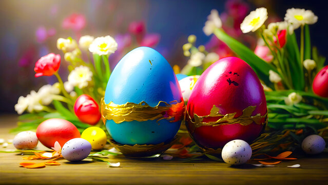 Vibrantly Close up Colorful Easter eggs Abstract bright spring easter blurred background Easter eggs, multicolored painted eggs, Easter tradition, flower as a decoration on the back. Generative AI