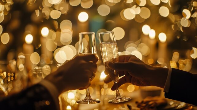 Two hands clinking champagne flutes together amidst a backdrop of festive golden bokeh lights