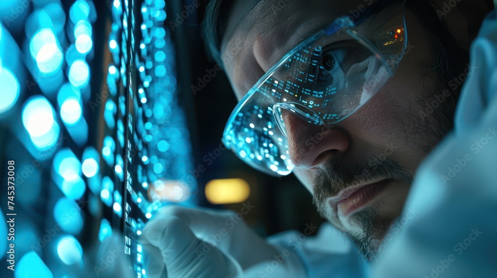 Poster medium shot of a digital forensic specialist analyzing banking malware in a secure laboratory enviro