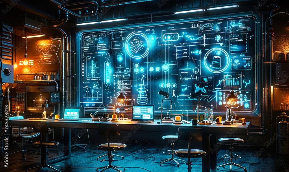 Poster futuristic concept room with holographic projection of technical blueprints and schematics across an