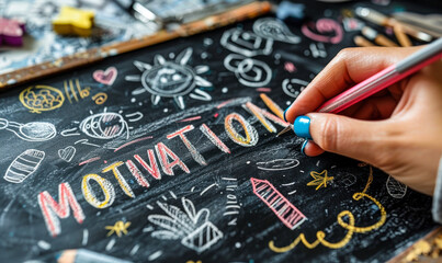 Hand writing the word MOTIVATION on a chalkboard, surrounded by inspirational doodles, symbolizing empowerment and positive thinking - obrazy, fototapety, plakaty