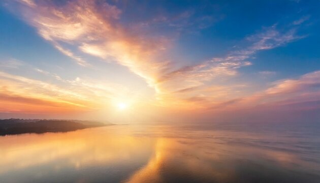 Ciel couch&eacute; du soleil le matin avec soleil levant et nuages roses doux aux tons jaunes.