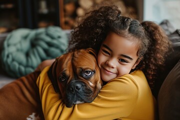 Happy little girl embracing a Boxer dog on a couch, both smiling
