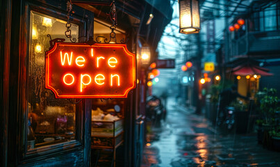 Welcoming We're open signboard hanging on a glass door with warm orange lighting, inviting customers into the establishment signaling business readiness